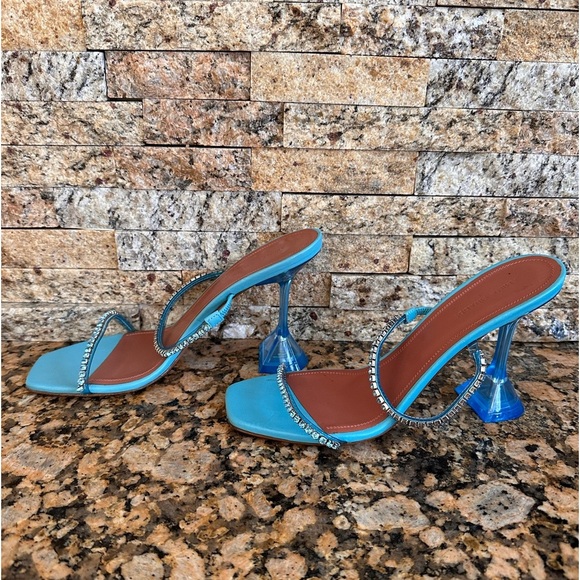 Amina Muaddi Gilda Glass Aqua Blue PVC Crystal Strap Mule Pumps - Picture 9 of 14